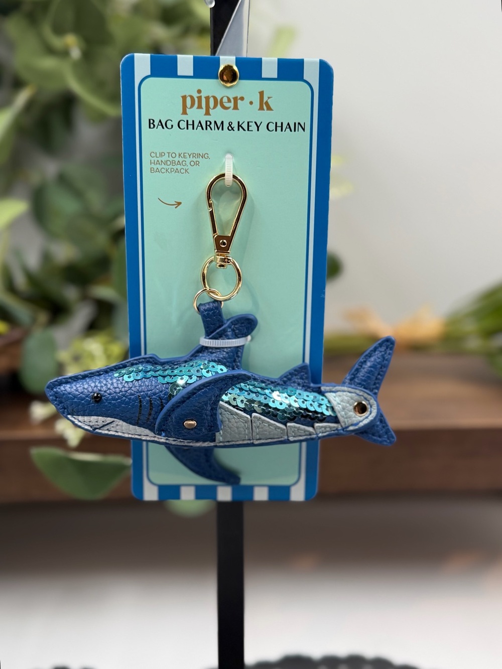 piper.k Sequin Shark Bag Charm Key Chain - Blue